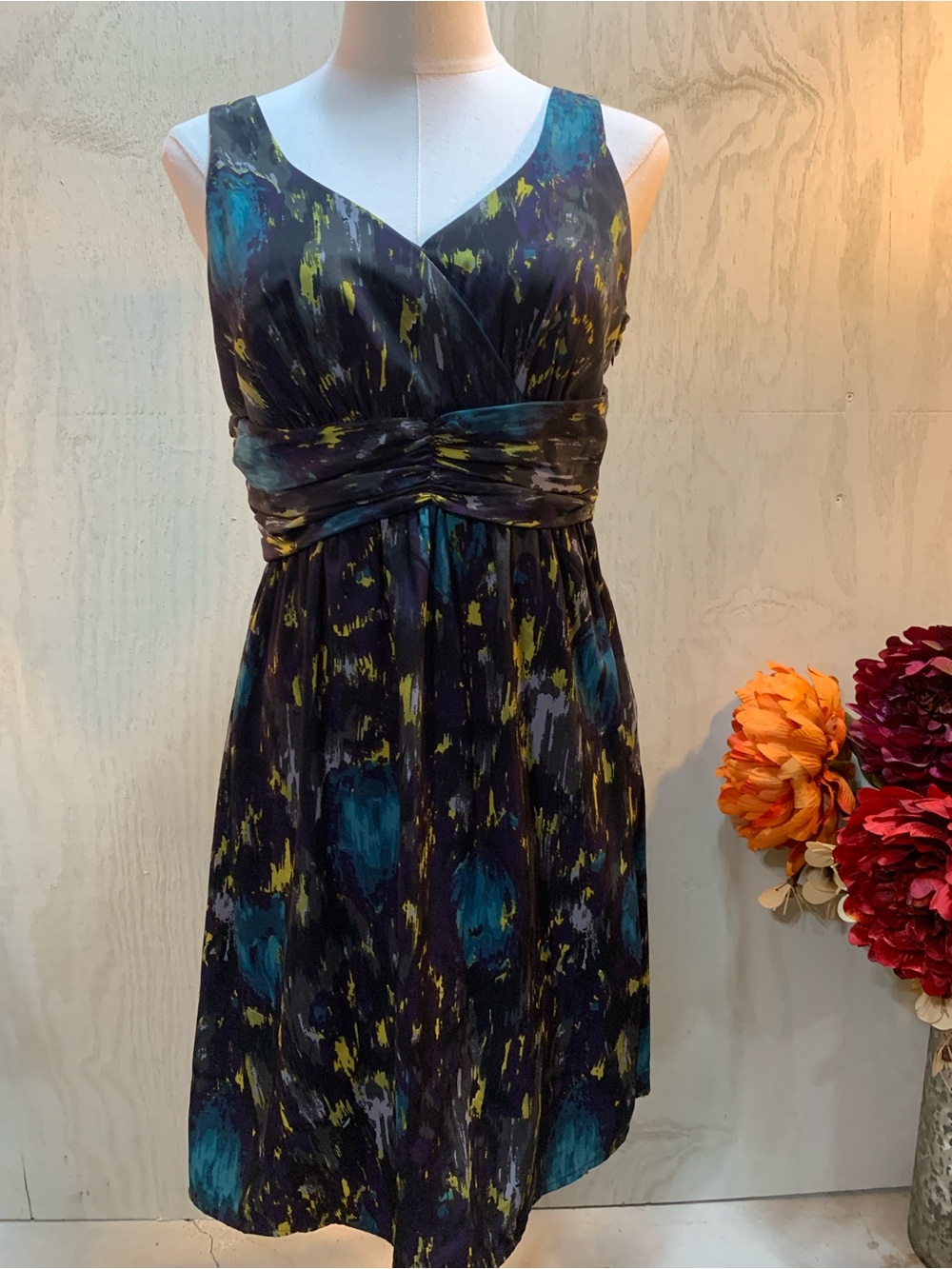 Sleeveless V-Neck Multicolor Floral-Print Dress - Teal & Yellow
